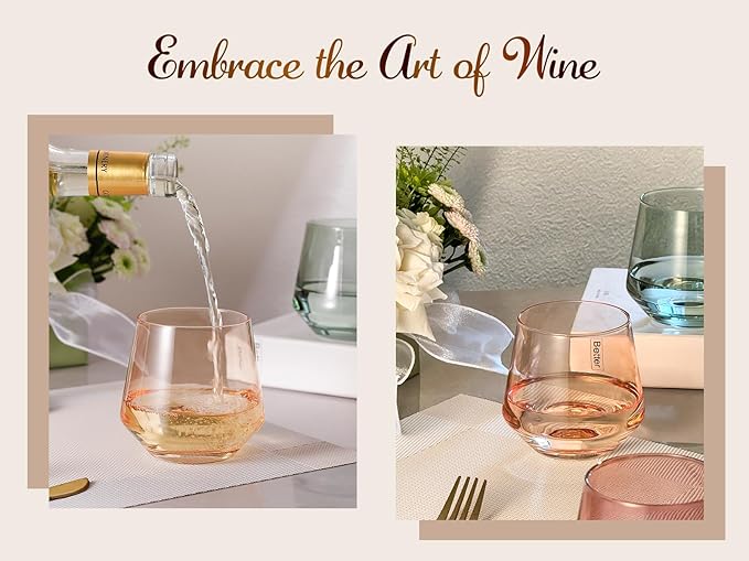 Stemless Wine Glasses Set 6【Colored Wine Glasses Stemless】 Multi Color Short Tumbler【14oz】 Colored Glassware for Wine or Soft Drinks,Unique Wine Gifts for Women Birthday Wedding