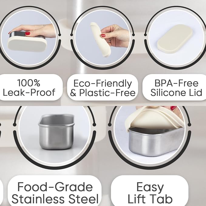 Flexibento - Leak proof Stainless Steel Lunch Box Containers, Sandwich and Snack Containers with Silicone Lids Metal Lunch Box, Bento Box , Set of Five , Vanilla , 1*25 OZ+ 2*13 OZ + 2 *2 OZ