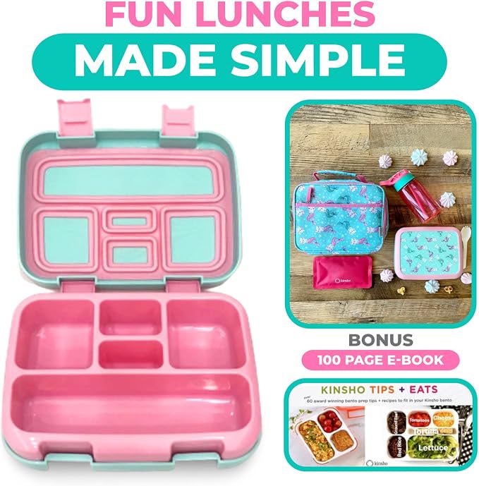 kinsho Bento Lunch Box Container for Small Kids, Boys, (Aqua Cat Mermaid) | 5 Portion Sections, BPA-Free Spill-Proof Leakproof Removable Plastic Tray, Snacks and Lunches for Toddlers Pre-School Daycare