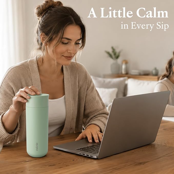 Ceramic Lined Travel Coffee Mug 360° Lid, 16 oz Insulated Coffee Tumbler | Leak Proof, Fits Cupholder, Stainless Steel Vacuum, Keep Hot and Cold, Women Gifts Cup, 360° Sip PUSH-BUTTON, Sage Green