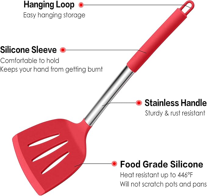 LIANYU 15-Piece Cooking Kitchen Utensils Set with Holder | Silicone Kitchen Tools Stainless Steel Handle, Slotted Spatula Spoon Turner Tong Whisk Brush for Cooking, Red