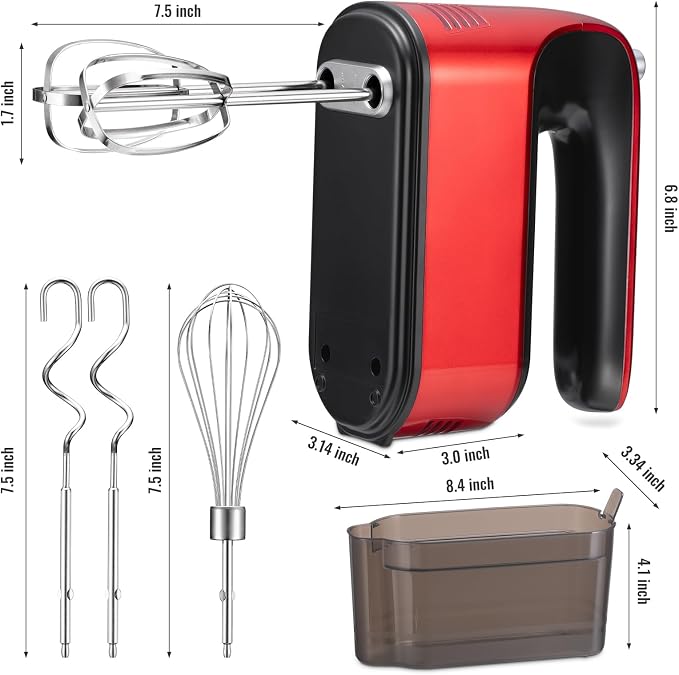 CBQ Hand Mixer Electric, 9 Speed 400W Handheld Mixer with Digital, Touch Button, Turbo, Snop-On Storage Case, 5 Stainless Steel Accessories, Hand Mixer Electric Handheld for Cake, Cookie, Egg (Red)