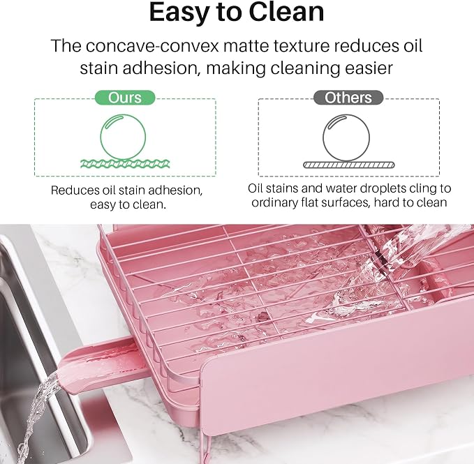 SNTD Large Dish Drying Rack for Kitchen Counter, Expandable, Pink | Stainless Steel Dish Drainer, Adjustable Length 18.9''-29.3'', Automatic Drainage, 360° Spout, Cutlery Holder with Knife Slot