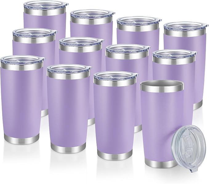 20 oz Tumblers Bulk Stainless Steel Tumbler with Lid, 12 Pack | Purple, 20oz Insulated Coffee Mug, Double Wall Vacuum, Powder Coated Cup, for Hot and Cold Drinks