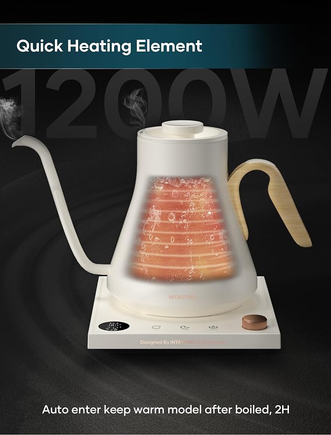 INTASTING Gooseneck Electric Kettle with 1℉ Temperature Control, 0.9 Liter | Fast Heating, Stainless Steel Interior, for Pour Over Coffee, Tea & Boiling Water, Keep Warm, Auto Shut-Off, 1200W, Cream