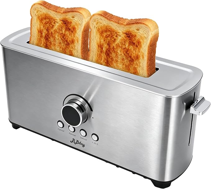 2 Slice Toaster, Long Slot Stainless Steel, 7 Browning Settings | Reheat, Defrost, Cancel, Removable crumb tray, compact design, bagel & thick bread compatible, overheat protection