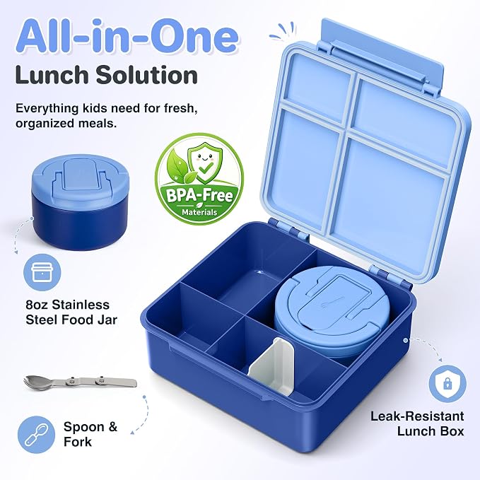Bento Lunch Box for Kids with 8oz Soup Thermo,Kids Leakproof Lunch Food Containers with 4 Compartment,Kid Insulated Thermo Hot Food Jar for School,Trvael-Blue
