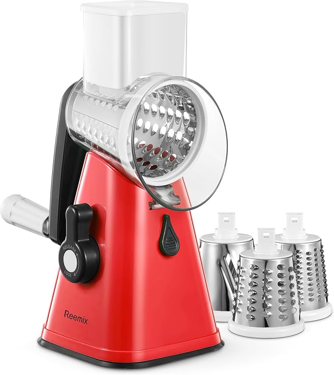 Rotary Cheese Grater with Handle, Reemix Vegetable Cheese | Shredder Slicer Grater for Kitchen 3 Changeable Blades for Cheese Potato Zucchini Nuts Chocolate (Red)