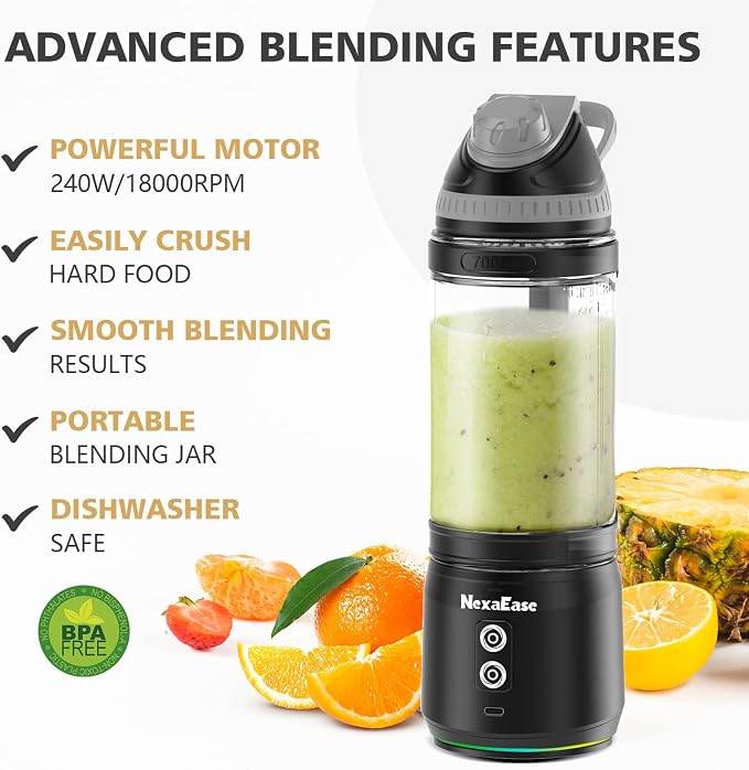 Portable Blender Personal Juicer for Shakes Smoothies with Travel Lid | 24 Oz Electric Protein Shaker Bottle, USB-C Rechargeable, Mini Small Cordless Blender Cup for Kitchen Travel Gym