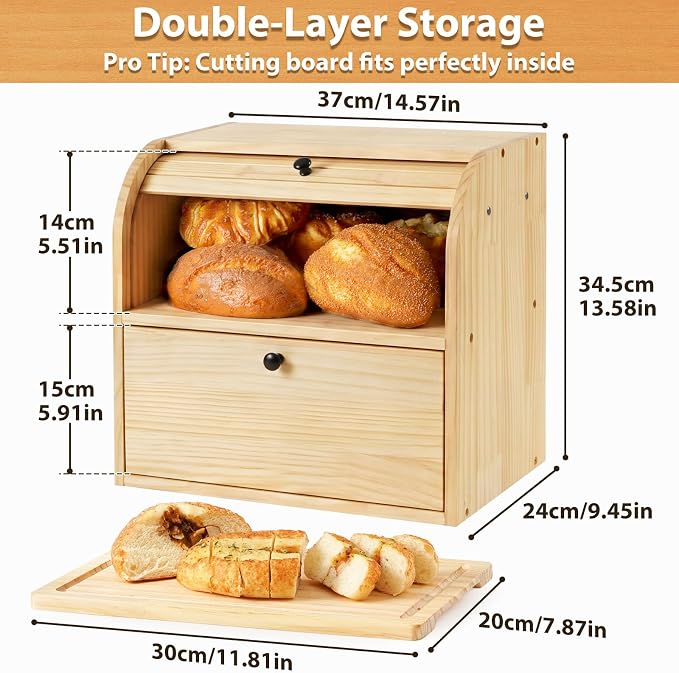 Sunhoo Wooden Bread Box for Kitchen Countertop, Roll Top Breadbox, Natural | Large Double Layer Pantry Container, Solid Wood with Cutting Board, Fresh Homemade Sourdough Bin Cabinet, Vintage Farmhouse