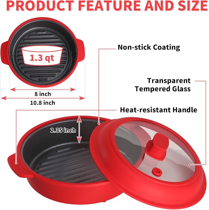 GLOU-GLOU GOOSE GGG Microwave Grill Pan, Fry Griddle Crisper Pan with Lid for Grilling Browning and Crisping Foods Microwave Silicone Cookware for Meat Sandwich Vegetable Red