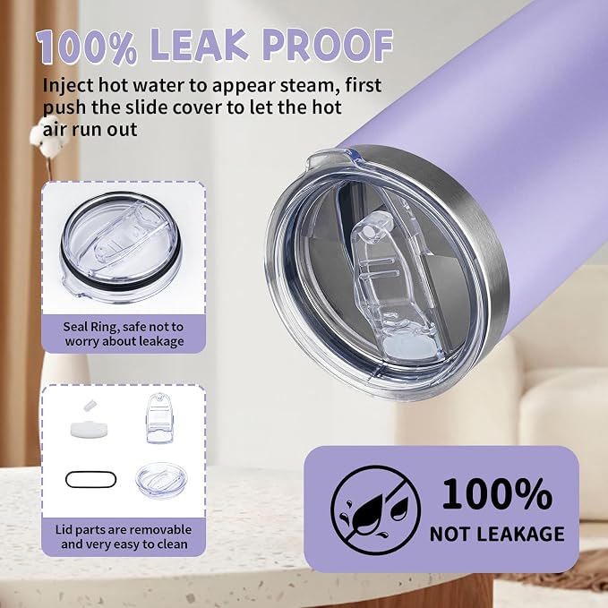 20 oz Tumbler with Lids and Straws, Stainless Steel Insulated Coffee Tumbler, Double Wall Vacuum Insulated Travel Mug Cup, Leakproof Thermal Coffee Cup for Hot and Cold Drinks (light purple)