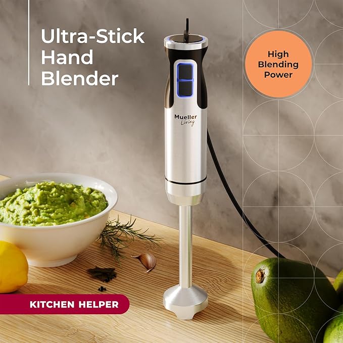 Mueller Immersion Blender Handheld - 8 Speed Stainless Steel Electric Hand Blender, Emulsion Blender Stick Kitchen Gadget with Turbo Mode | Stainless Steel | 8 Speed Settings with Turbo Mode | Electric Hand Blender