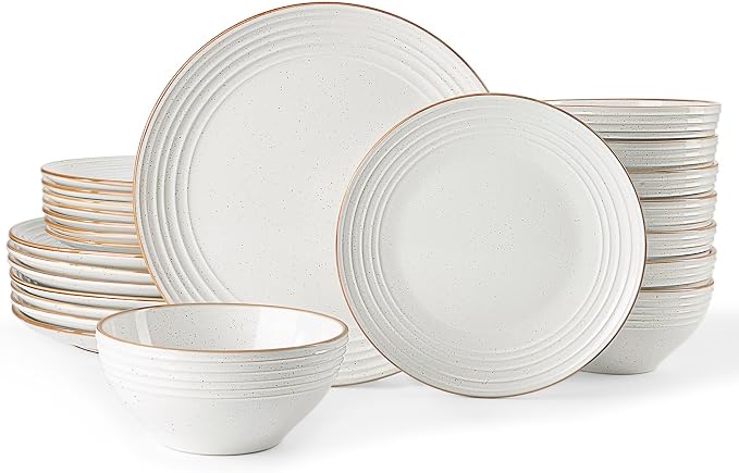Famiware Jupiter Stoneware Dinnerware Sets for 8, Rimmed Plates and Bowls | 24-Piece Ceramic Speckled Dish Set, Chip & Scratch Resistant, Microwave & Dishwasher Safe, Rustic Modern Style, Neutral White