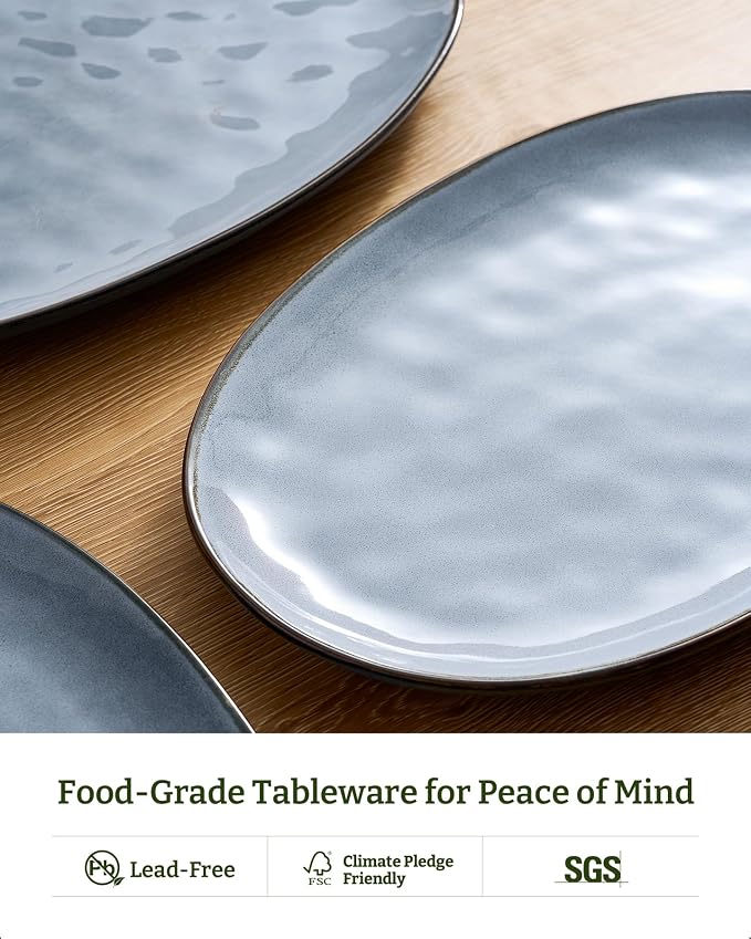 famiware Serving Platters Set of 3 Sizes - Oval, Blue | 15.59"/14.3"/12.9" Fine Stoneware Serving Trays for Party, Entertaining for Food, Turkey, Cheese, Microwave Dishwasher Safe