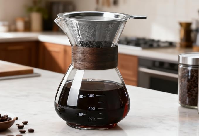 BeeCa Pour Over Coffee Maker Set, 2 Cup 400 ml/13.5 oz Carafe | Reusable Filter, Borosilicate Glass Carafe, Walnut Non-slip Collar, 2-cup Portable Brewer, BPA-free & Eco-friendly
