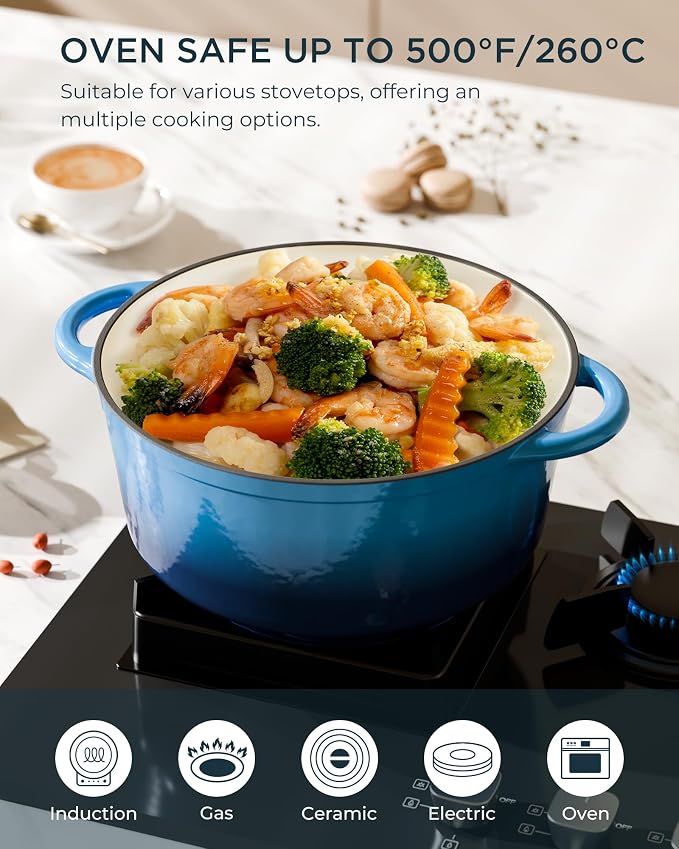 Enameled Cast Iron Dutch Oven - 7.5QT Dutch Oven Pot with Lid & Cotton Potholders - Heavy-Duty Non Stick Casserole Pot for Braising, Stews, Roasting, Baking, Suitable for All Stovetops, Navy Blue