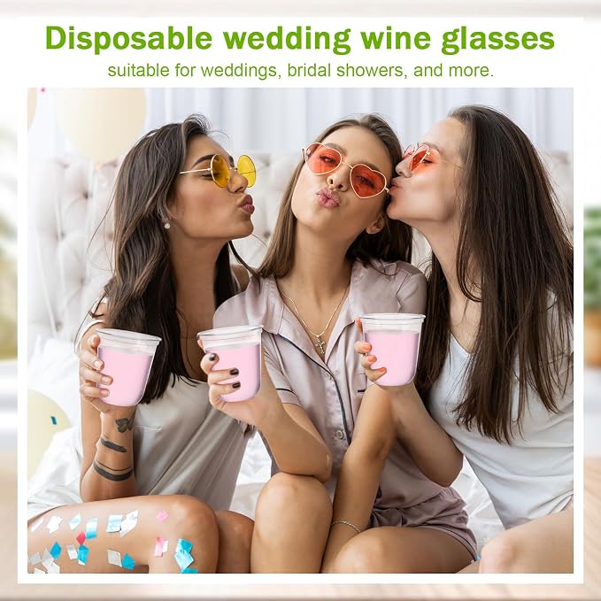 Ziliny 100 Pcs 12oz Plastic Stemless Wine Glasses Disposable, Clear | Plastic Wine Glasses for Parties Weddings Birthdays, Cocktail Drinking Cups, Round Bowl, Bulk Event Supplies