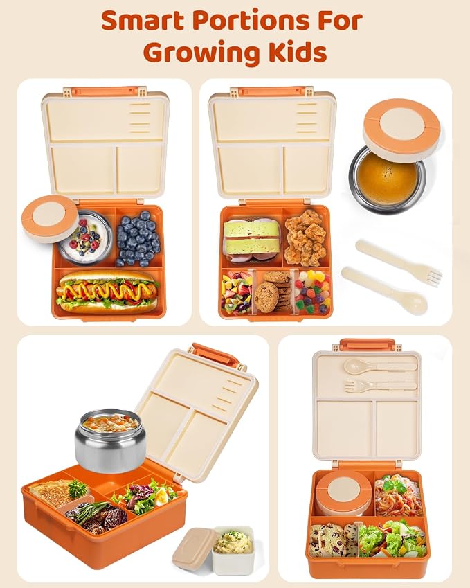 SOHIDA Bento Box with 10oz Soup Thermo: Gift for Kids, Kids Leakproof Lunch Box with 3 Compartments, School Supplies for Girl Boy Back to School,Orange