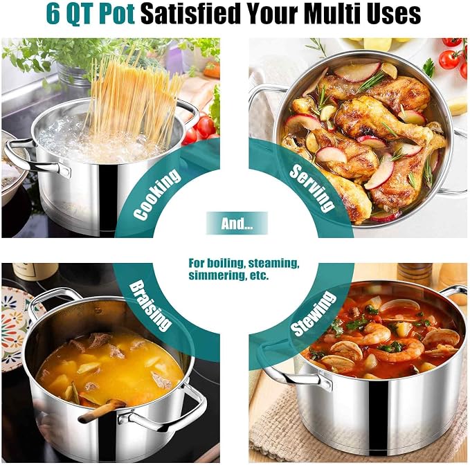 P&P CHEF 6 Quarts Stock Pot with Lid, Stainless Steel Stockpot for Cooking | Cooking Pot for Soup, Pasta, Tri-Ply Bottom for Induction, Gas, Ceramic, Glass Lid & Double Handle, Dishwasher Safe