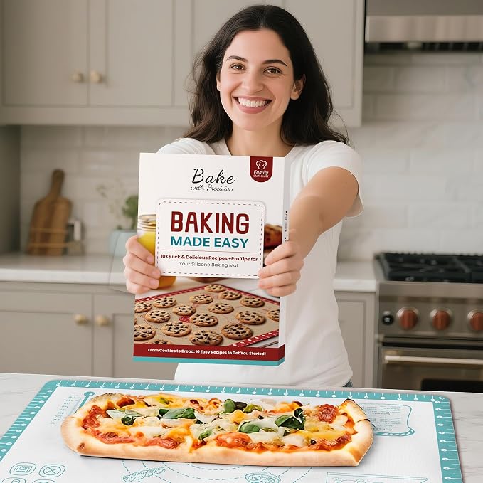 Non Stick Silicone Pastry Mat with 10 Quick Recipes ，Silicone Mat for Dough Rolling Baking Sheet for Cookies, Pizza,Bread, Surdough,Fondant Mat for Kitchen Counter, Extra Large and Oven Safe