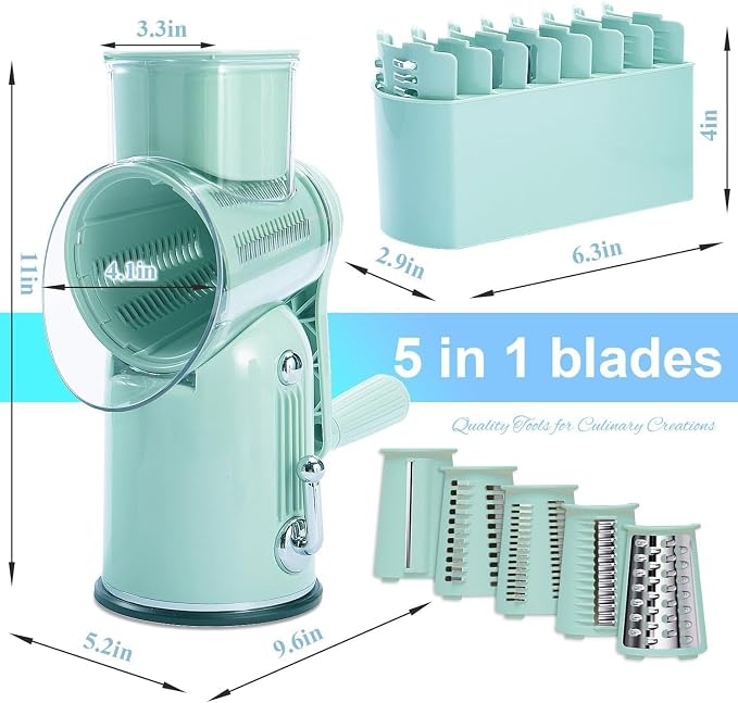 Rotary Cheese Grater with Handle, Vegetable Chopper Quick Chop Blades, Compact Design for Home and Professional Kitchens Meal Prep Tool, Kitchen Gadget 5-in-1 with Blade Storage Box (Light Green)