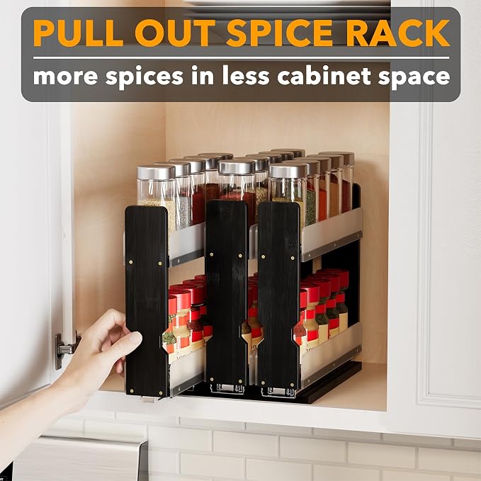 SpaceAid Bamboo Pull Out Spice Rack Organizer for Cabinet, Heavy Duty Slide Out Seasoning Kitchen Pantry Sliding Vertical Organization, 7.6" Wide, 3 Drawers(2" Wide), 2-Tier, Black