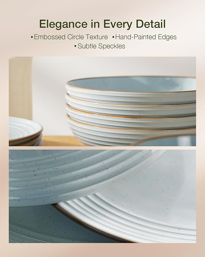 Famiware Jupiter Stoneware Dinnerware Sets for 8, Rimmed Plates and Bowls | 24-Piece Ceramic Speckled Dish Set, Chip & Scratch Resistant, Microwave & Dishwasher Safe, Rustic Modern Style, Neutral Blue