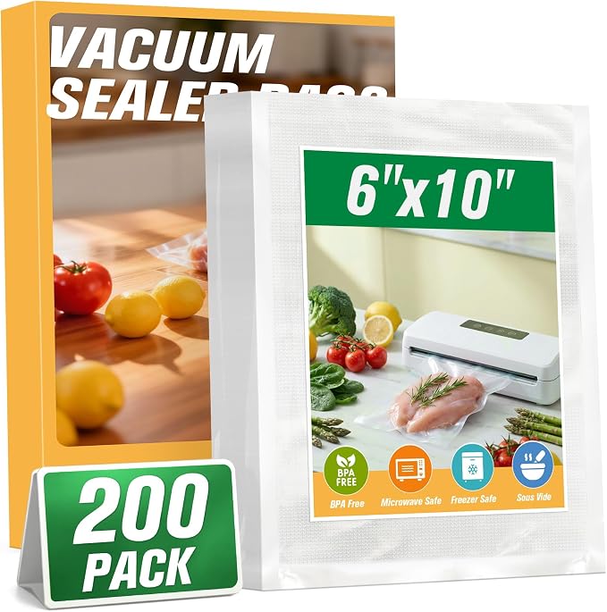 FUNFERY 200 PCS Precut Quart Vacuum Sealer Bags for Food 6" x 10" BPA Free | Airtight Vacuum Seal Freezer Bags for Food Storage, Meal Prep, Sous Vide and Bulk Freezing