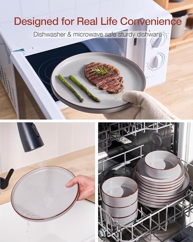 Famiware Nebula Ridge 12-Piece Stoneware Dinnerware Set, Light Gray | Plates and Bowls for 4, Warm Hand-Painted Rims, Microwave and Dishwasher Safe, Daily Essentials