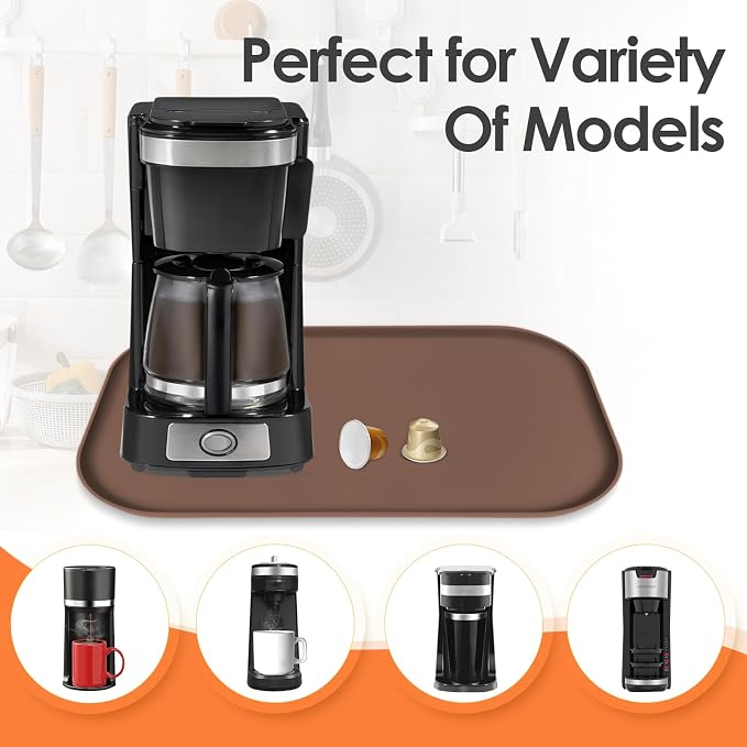 Silicone Coffee Maker Mat with Lip for Countertops, 17.4'' x 10.6'', Brown | Multi leak-proof coffee tray for countertop, non-slip silicone mat fits most coffee makers & espresso machines, wipe-clean