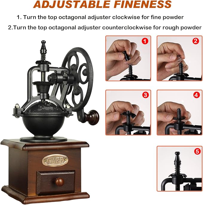 Burr Coffee Grinder, Vintage Style Wooden Hand Grinder | Hand Crank, Classic French Press Coffee Mill, Coffee Bean Grinder, Includes Brush
