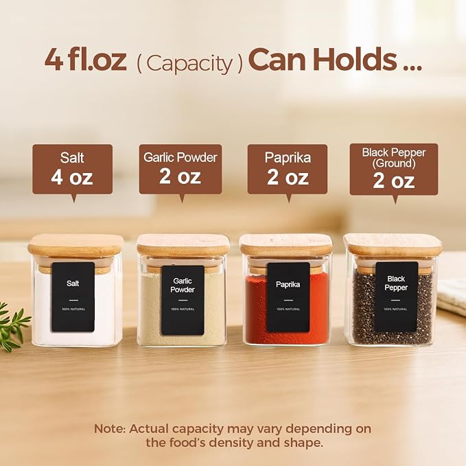 ComSaf Glass Spice Jars with Labels 4 oz 16 Pack Small Square Bamboo Lids | Empty Containers, Seasoning Herbs Powders, Salt Pepper Chili, Spice Rack Organization, Kitchen Cabinet Storage, Dry Goods