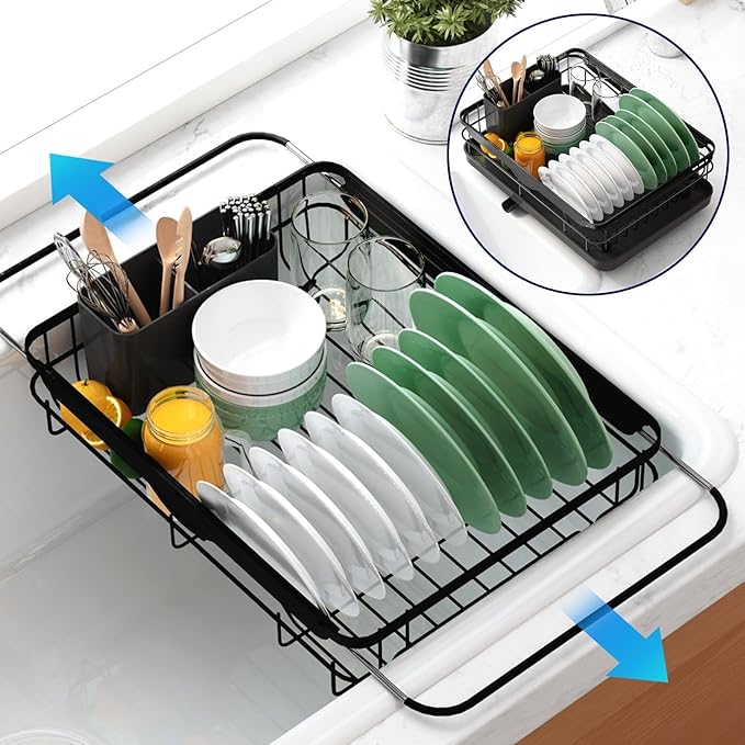 Kitsure Dish Drying Rack for Kitchen Counter, 12.2''W x 15.7''~23''L, Black | Stainless Steel Sink Organization, Cutlery Holder, Home and Appartment Decor