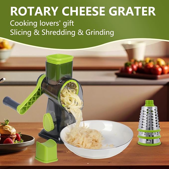 Rotary Cheese Grater with 3 Stainless Steel Blades, Hand Crank Vegetable Slicer, Suction Base, Green