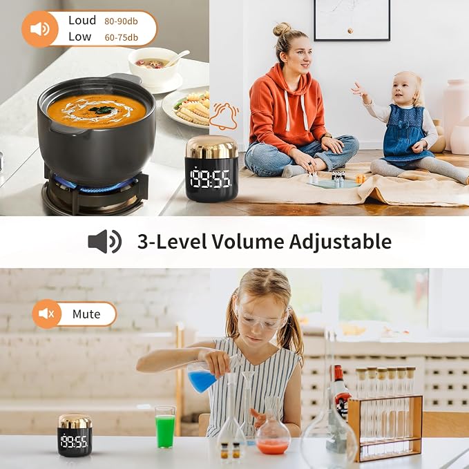 Kitchen Timer, 360 Rotate, Countup/Countdown, LED, Volume | Memory Function Back to School （Gold）