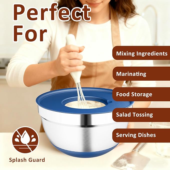 9 Pack Mixing Bowls with Airtight Lids & Grater Attachments, Blue | Stainless Steel Bowl, Non-slip Bases, Nesting Kitchen Bowl, Size 5, 4, 3, 2, 1.5,1QT,for Food Prep, Baking, Storage & Serving