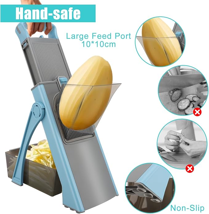 Mandoline Slicer for Kitchen, Safe Vegetable Chopper & Potato Slicer with Adjustable Thickness and Container for Meal Prep, Ideal for Home & Commercial Use, Kitchen Gift(Blue)