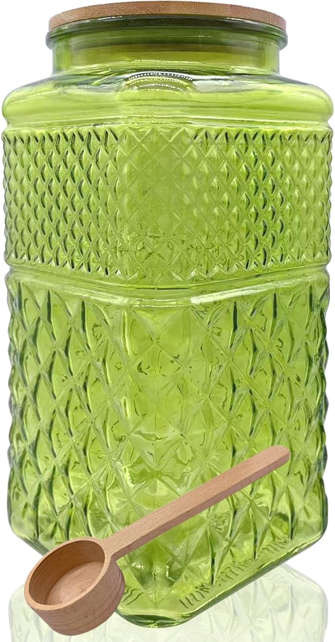 Coriario 1 Gallon Vintage Glass Jar with Lid Wood Spoon Green Square Decorative Glass Storage Jars Wide Mouth Canisters for Food Candy Flour Sugar Cookie Coffee Nuts
