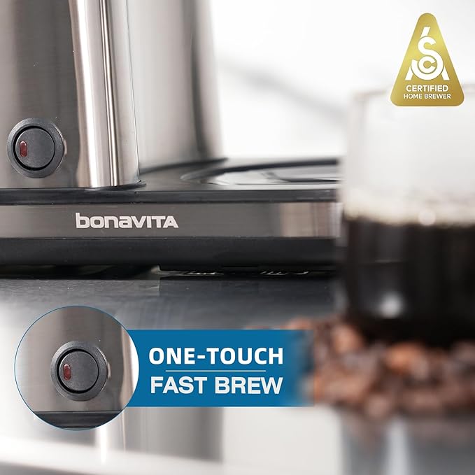 Bonavita 8 Cup Drip Coffee Maker Machine, One-Touch Pour Over, Auto Pause Brewing with Stainless Steel Double Wall Thermal Carafe, SCA Certified, Dishwasher Safe, BV1901TS | Stainless Steel Double Wall Thermal Carafe, SCA, Dishwasher Safe, BV1901TS