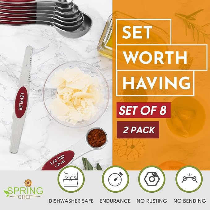 Spring Chef Stainless Steel 8 Magnetic Measuring Spoons Set, 2 Pack, Red | Nesting Teaspoon & Tablespoon Measuring Spoons w/ Leveler for Dry & Liquid Ingredients, Measure Spoons For Baking & Cooking