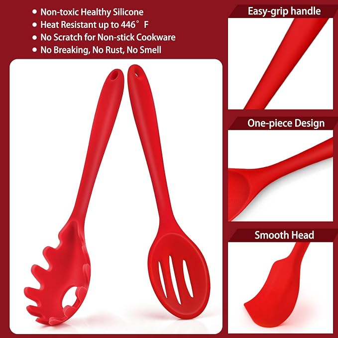 P&P CHEF Red Kitchen Utensils, Silicone Cooking Utensil Set of 7 | Soft Spatula for Nonstick Cookware, Slotted Turner, Soup Ladle, Pasta Server, Spoon for Cooking, Dishwasher Safe & Heat Proof