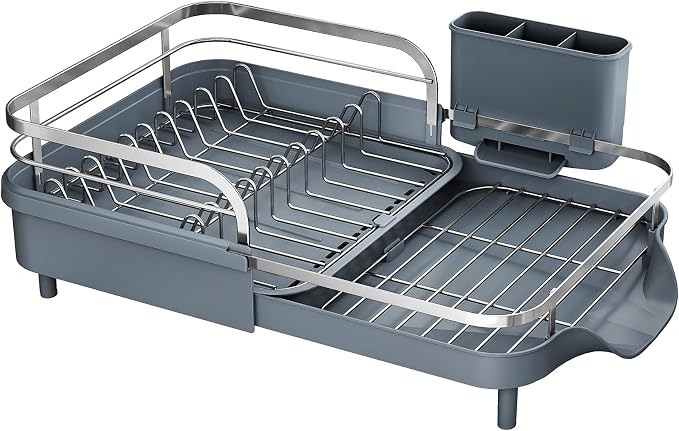 SAYZH Expandable Dish Drying Rack for Small Kitchen Counter, Grey | Stainless Steel, Protective Guardrail, Angled Drainboard, Fits High-Rim Sinks, Removable Utensil Holder