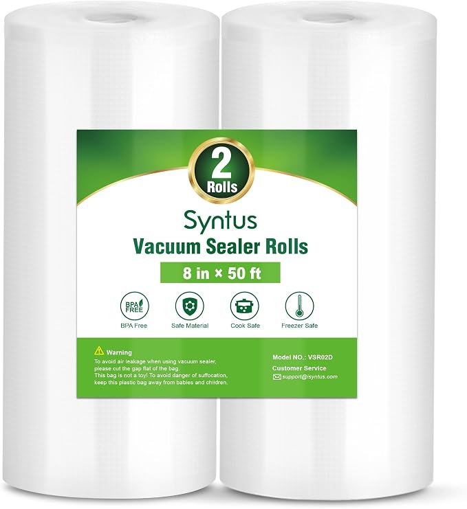 Syntus 2 Rolls 8" x 50' Vacuum Sealer Bags, BPA Free for Food Storage | 4mil Thick, Custom Length, Keep Food Fresh Longer, Freezer Microwave Sous Vide Cooking, Works with Most Vacuum Sealers