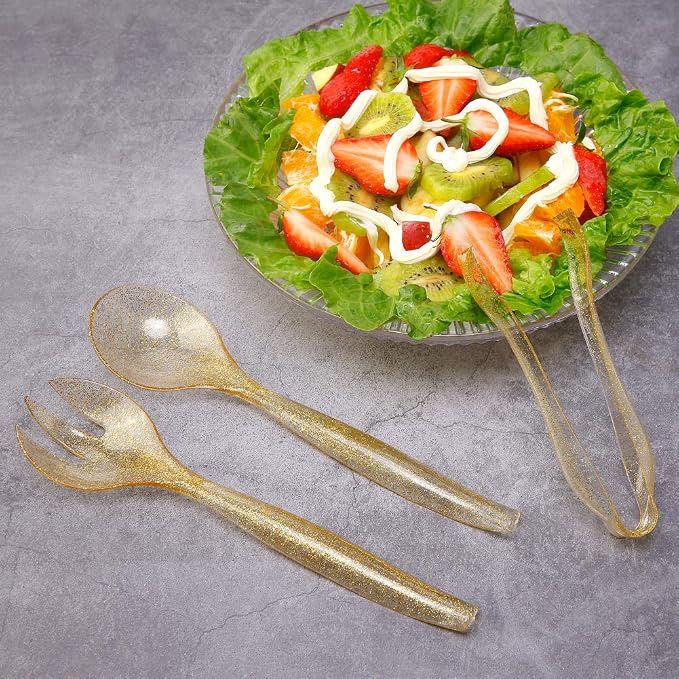 72pcs Gold Glitter Plastic Serving Utensils Set for Party &Buffet | 24 Serving Spoons(10"), 24 Forks (10")& 24 Tongs(6"), Clear Gold Disposable Serving Utensils for Weddings, Birthdays