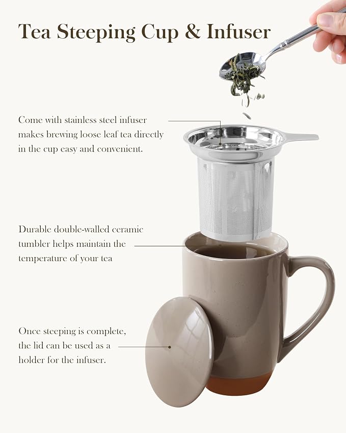 MALACASA Ceramic Tea Mug with Lid and Stainless Steel Infuser, 18 oz Large Tea Cup for Loose Leaf Tea, Heat-Resistant, Microwave & Dishwasher Safe, Speckled Glaze Coffee & Tea Brewer Mug, Khaki Brown