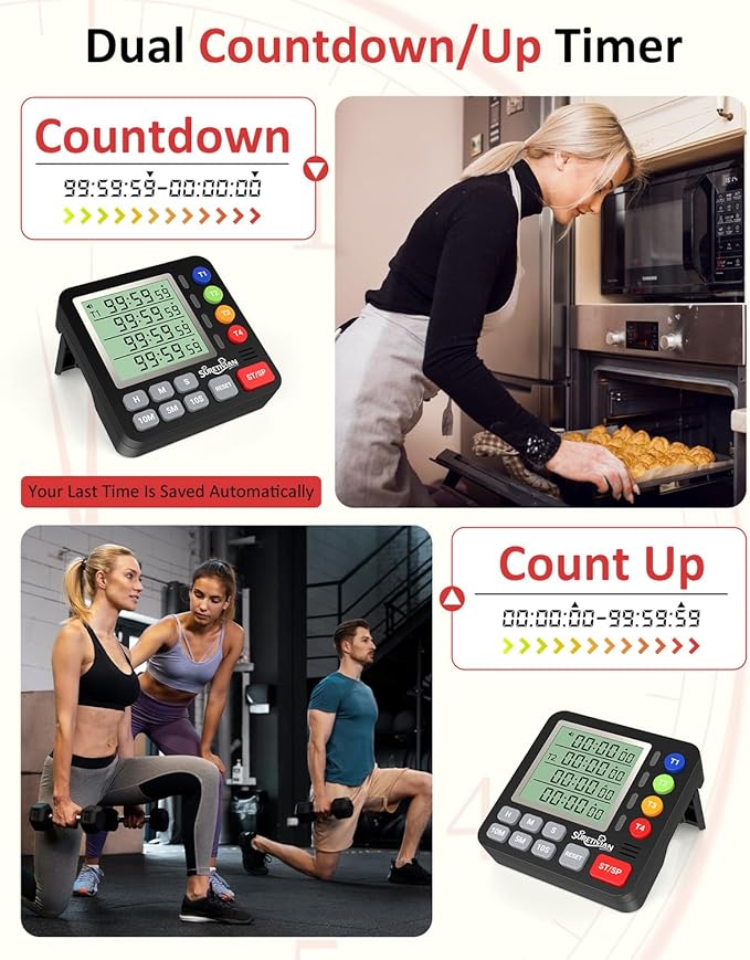 Digital Kitchen Timer with 4 Channel, Loud Alarm and Silent Mode | Magnetic Cooking Timer with Count Up & Countdown for Kids and Seniors, Large Display to Read, Auto Memory, Battery Included