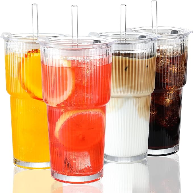 Drinking Glasses with Lids and Glass Straw 4pcs Set,20oz Glass Tumbler Cups,Water Glasses,Iced Coffee Glasses,iced Tea Glasses,Beer Glasses,Ideal for Whiskey,2 Brushes