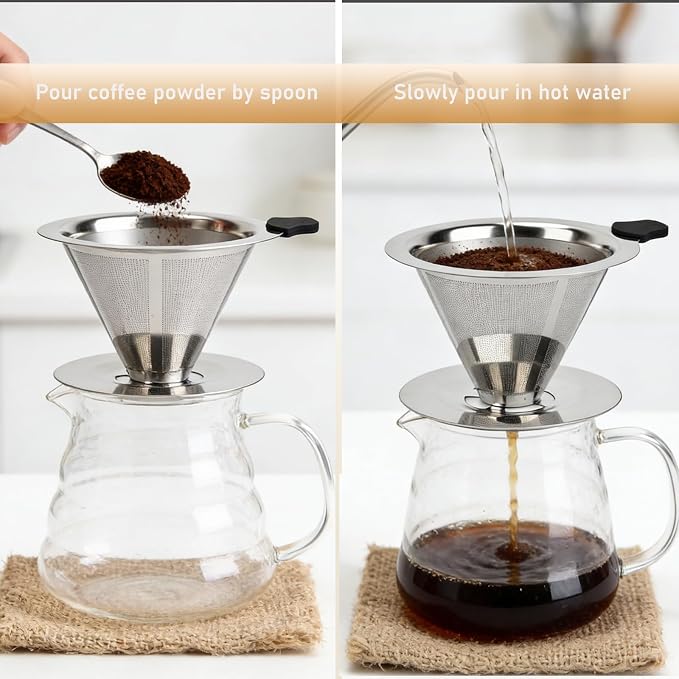 Pour Over Coffee Dripper, Reusable Cone Stainless Steel Coffee Filter, Double Layer Fine Mesh Paperless Coffee Maker with Coffee Spoon and Cleaning Brush for 2–3 Cups