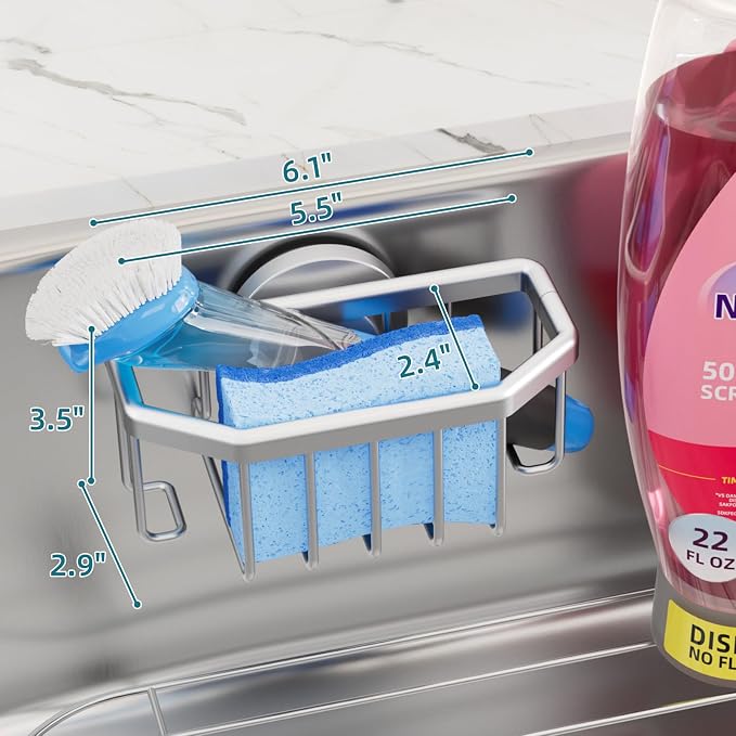 TAILI Sink Caddy with Strong Suction Cup, Sponge Holder for Sink-Silver | for Kitchen Sink Organizer, Removable Sponge Caddy Inside Sink, Rustproof Aluminum Holder for Sponges, Brushes, Scrubber